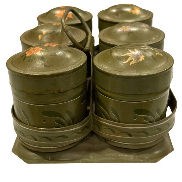 Vintage Primitive Toleware Metal Spice Canister Caddy Set Painted Floral Design - Picture 6 of 12